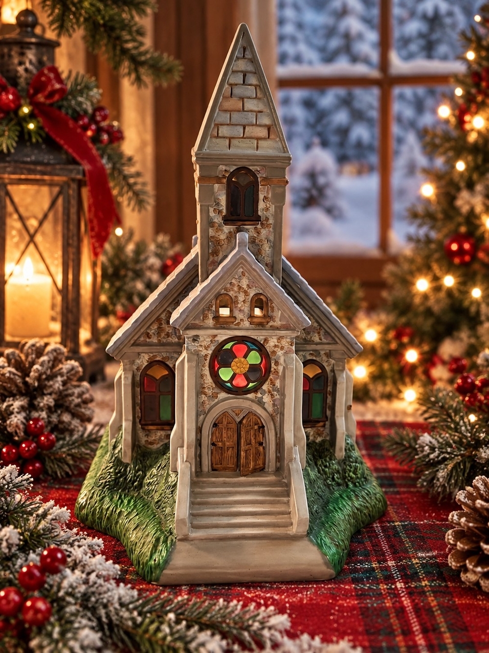 PartyLite Holiday Stained-Glass Church Figurine - White, Green, Red